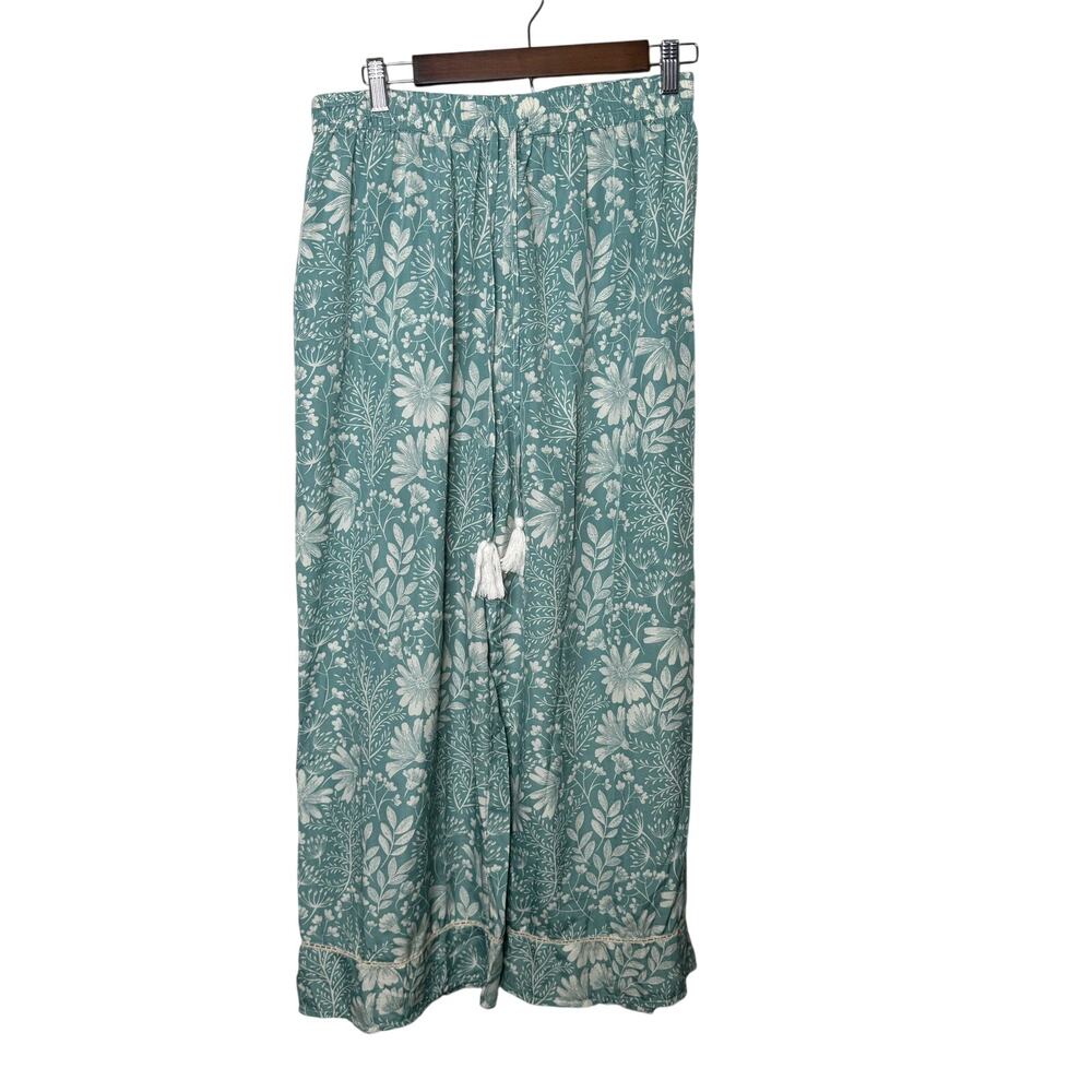 World Market Boho Floral Wide Leg Pants S/M Teal White Drawstring Tassel‎